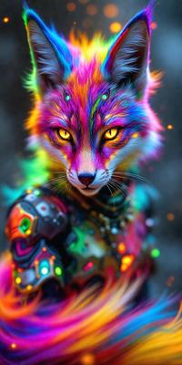 The primary subject of the image is a colorful, rainbow-colored fox with glowing eyes. The fox is wearing a futuristic, colorful armor, which adds to the overall visual style of the image. The setting appears to be a dark room, with the fox standing in the center of the frame. The colors and mood of the image are vibrant and energetic, creating a lively and captivating scene.